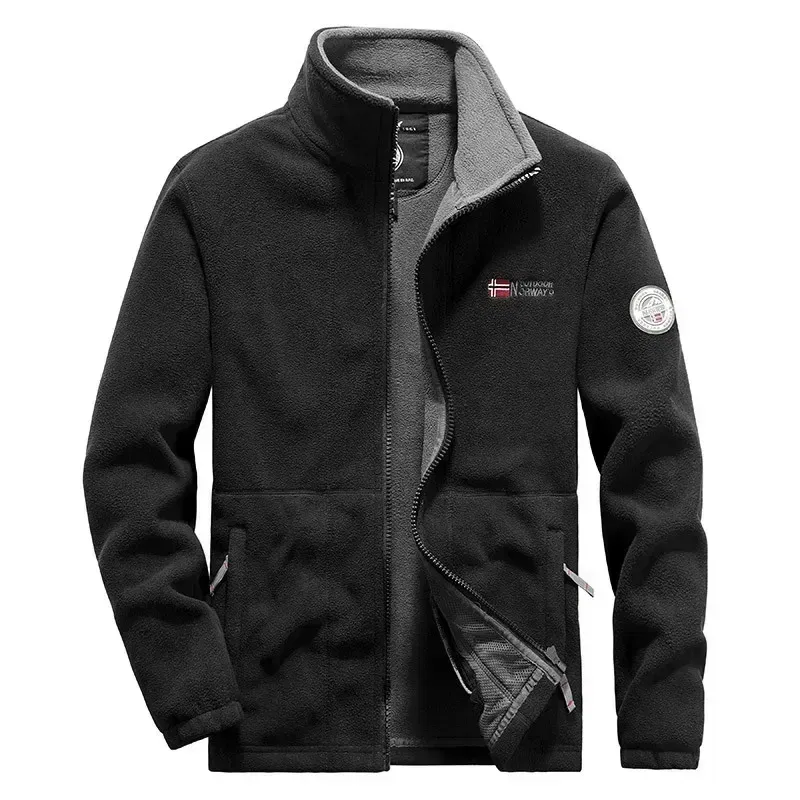 Color: Beige, Size: XXL - Men Fleece Jacket Pockets Thicken Polar Norway Ski Jackets Cold-proof Overcoat Plus Size Outwear Autumn Winter Casual Warm Coat