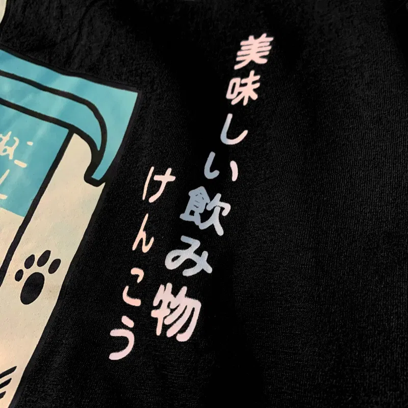 Color: army green, Size: S - Cute Japanese Cat Print Oversized T-shirt men Women Short Sleeve Loose Casual Tee Shirt Streetwear Tops Cotton Harajuku Clothing
