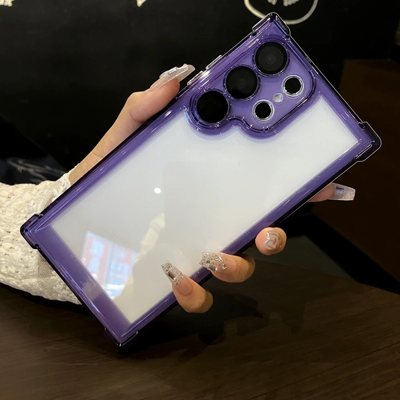 Color: PURPLE, Material: Genuine Leather - Luxury Shockproof Clear Acrylic Case For Samsung Galaxy S24 S23 FE S22 Plus S24 Ultra A34 A54 A15 A25 A35 A55 A53 5G Hard Cover