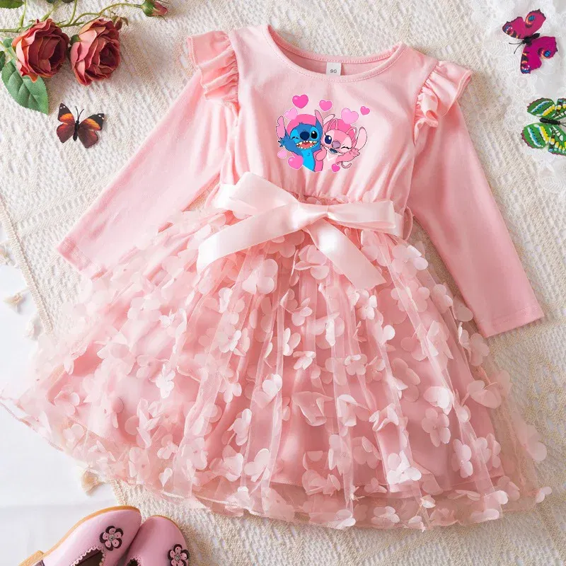 Color: SKY BLUE, Size: One Size, Height: 158 - Lilo Stitch Girl Baby Dresses Spring Autumn Child Long Sleeve Sweet Princess Dress Mesh Newborn Casual Dress Birthday Party 2-6Y