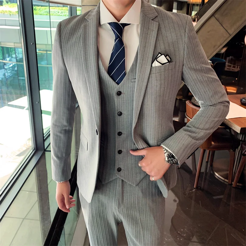 Color: green, Size: L - Gray Men Classic Striped/Checked Suits, Business Office 3 Piece, Asian Size Slim Fit Men Dress Jacket & Pants with Vest, S-4XL