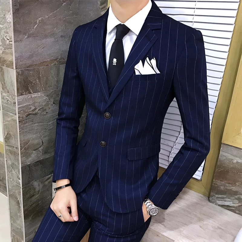Color: green, Size: L - Gray Men Classic Striped/Checked Suits, Business Office 3 Piece, Asian Size Slim Fit Men Dress Jacket & Pants with Vest, S-4XL