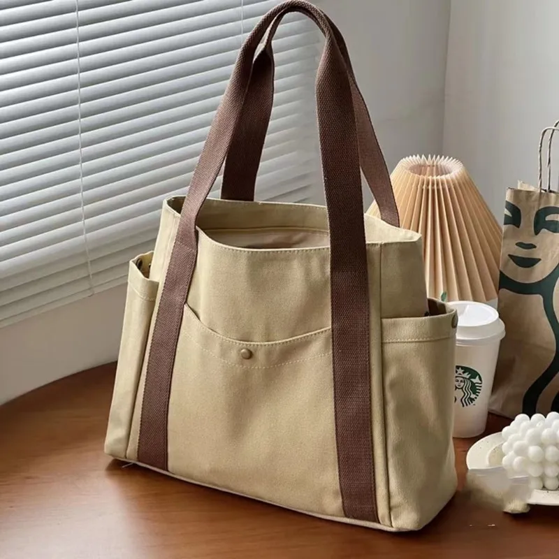 Color: Khaki - Large Capacity Canvas Tote Bags For Work Commuting Carrying Handbag College Style Student Outfit Book Shoulder Bag Women Bags