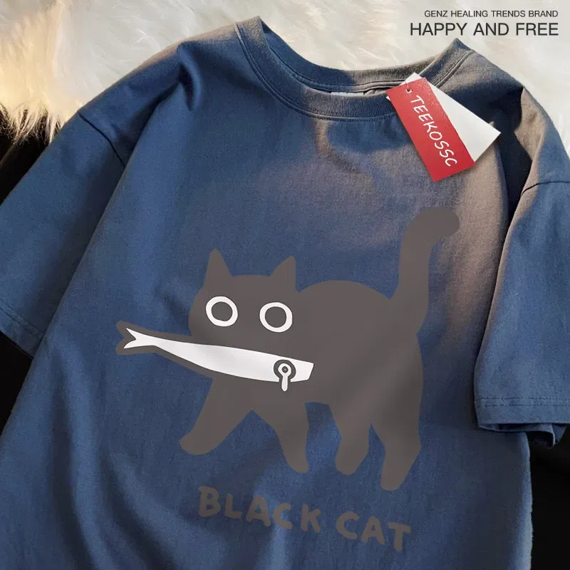 Color: army green, Size: S - Fun A Black Cat Eating Fish Japanese Style Men Women T-Shirt Fashion Print T Shirt Breathable Oversize T-Shirts Cotton Clothes