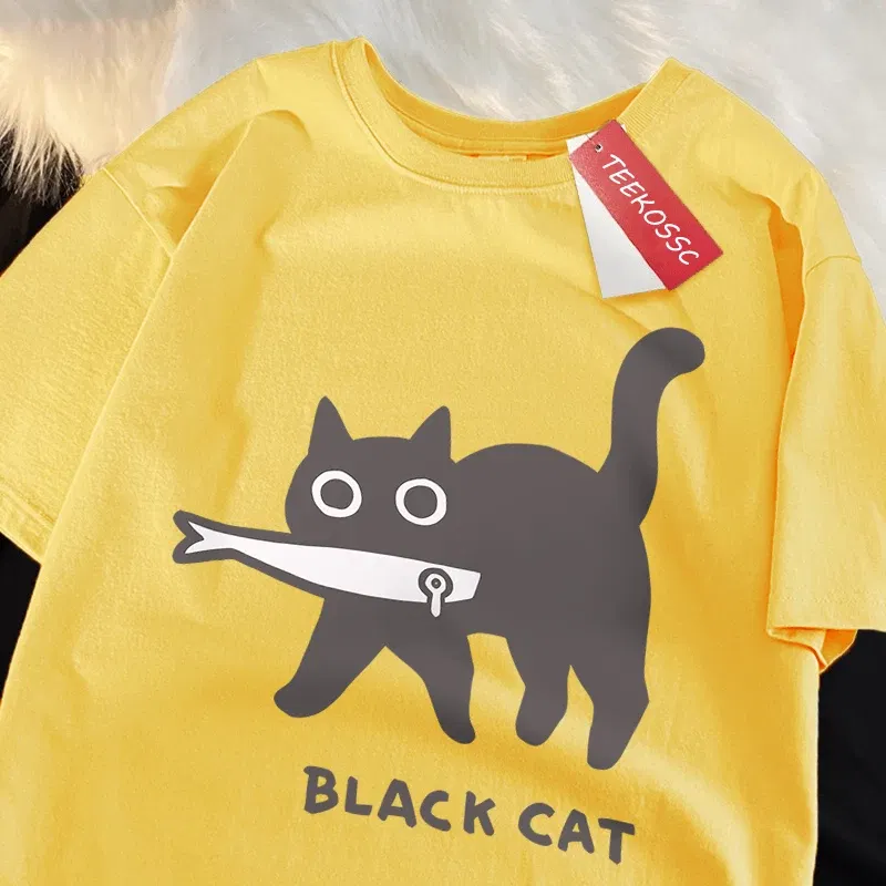 Color: army green, Size: S - Fun A Black Cat Eating Fish Japanese Style Men Women T-Shirt Fashion Print T Shirt Breathable Oversize T-Shirts Cotton Clothes