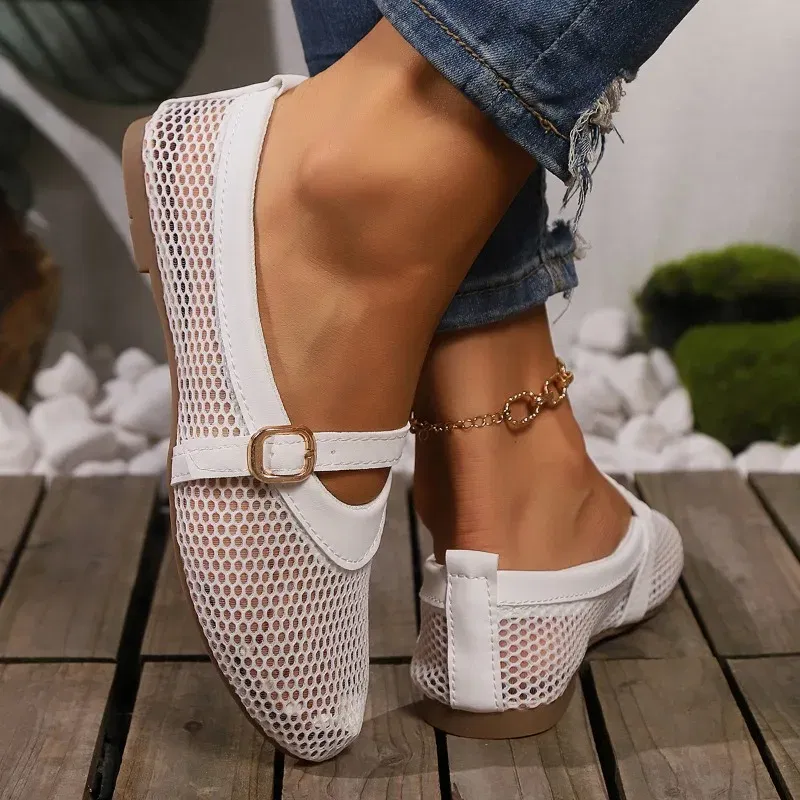 Color: WHITE, Shoe Size: 36 - Round head one buckle strap ballet shoes women's soft bottom flat hollow Mary Jane single fishing net shoes