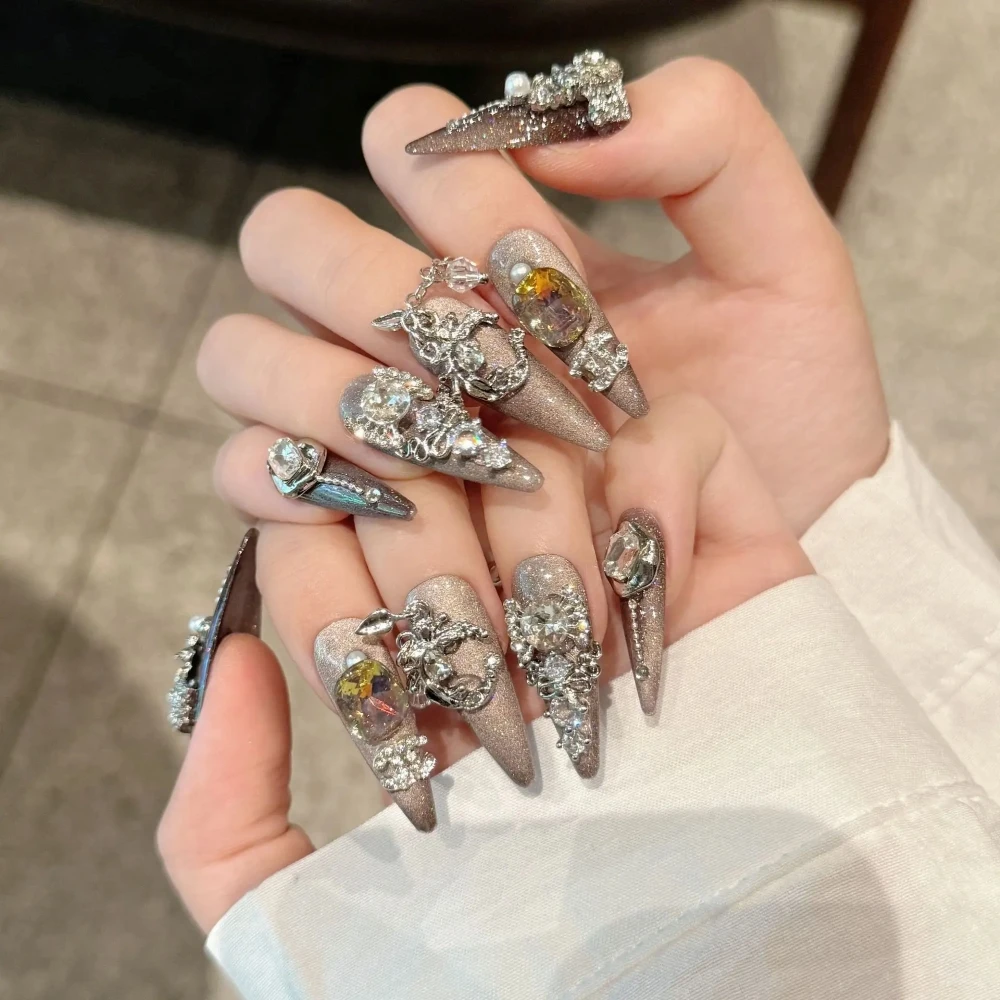 Color: WHITE - Handmade Press on Taiwu Starry Sky Magic Mirror Cat Eye Handmade Wearing Heavy Industry