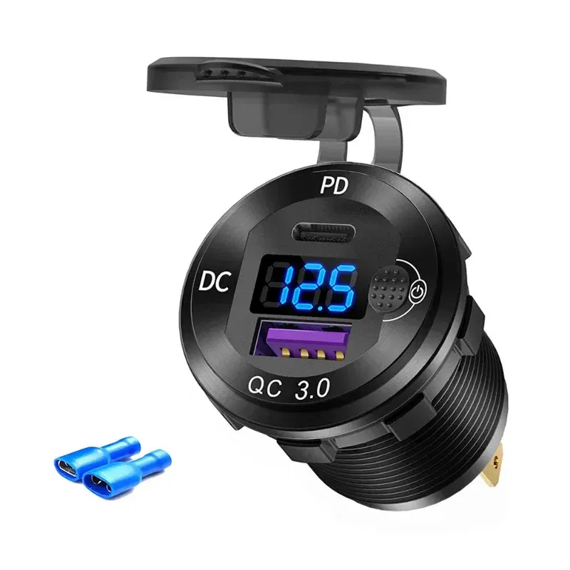 Color Name: GRAY - 83W USB C Car Charger Socket 12/24V Outlet Laptop Fast Charging 65W PD3.0 & QC3.0 with Digital Display for Car RV ATV Motorcycle