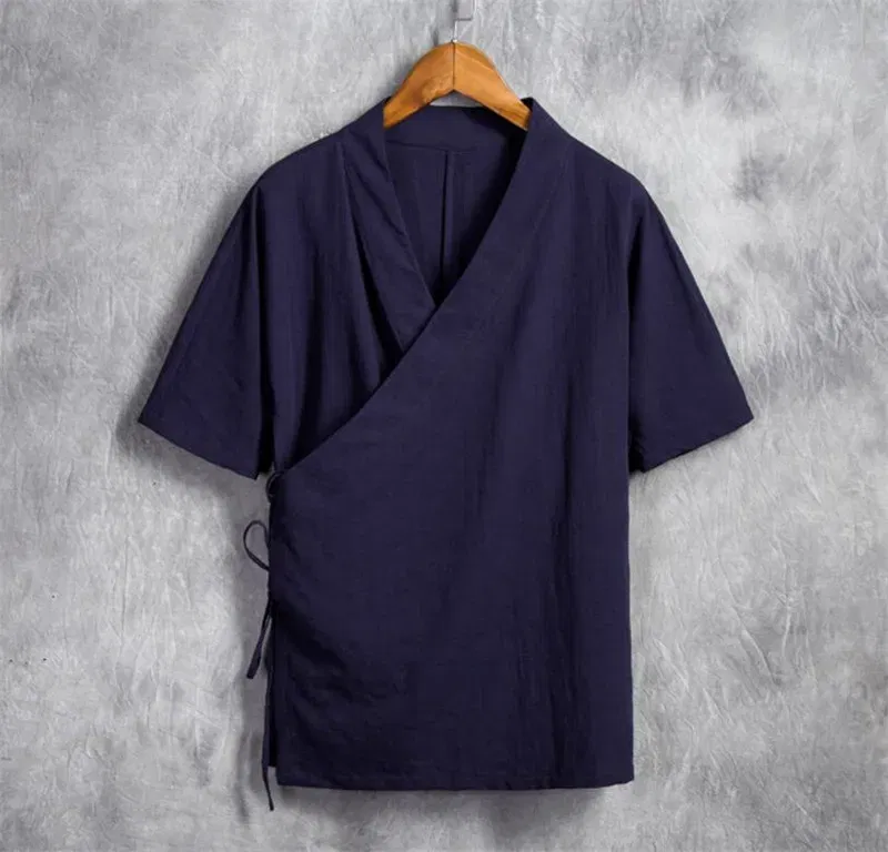 Color: Navy Blue, Size: XXL - Men Cotton Linen Short sleeve Kung Fu Shirt Classic Chinese Style Tang Clothing Size M-6XL