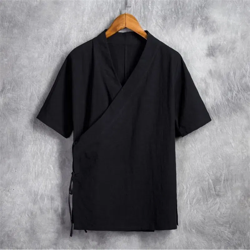 Color: Navy Blue, Size: XXL - Men Cotton Linen Short sleeve Kung Fu Shirt Classic Chinese Style Tang Clothing Size M-6XL
