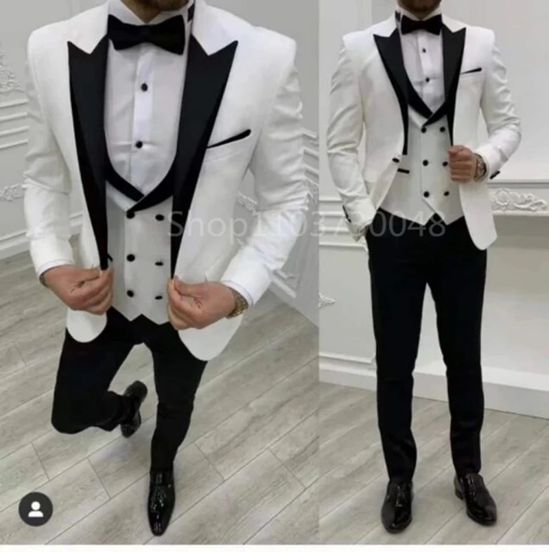 Color: Gold, Size: S - White Men Business Suits Wedding Suit Peak Lapel One Button Blazer Groom Tuxedos 3 Pcs Set Dress Jacket Vest Trousers