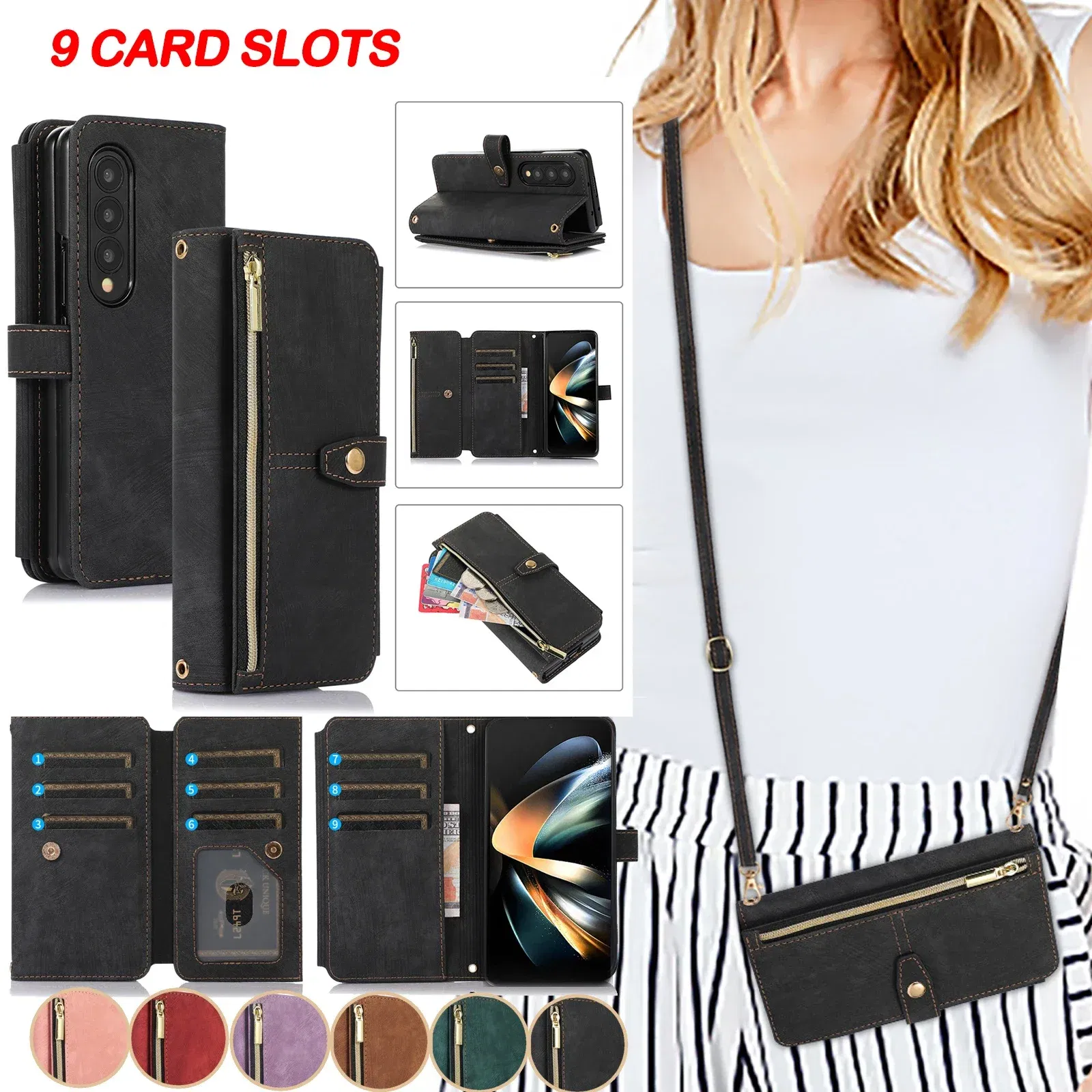 Color: Clear, Material: CANVAS - Crossbody Wallet Phone Case for Samsung Galaxy Z Fold 6 5 4 3 Fold5 Fold4 Fold6 5G Card Holder Stand Lanyard Flip Leather Cover