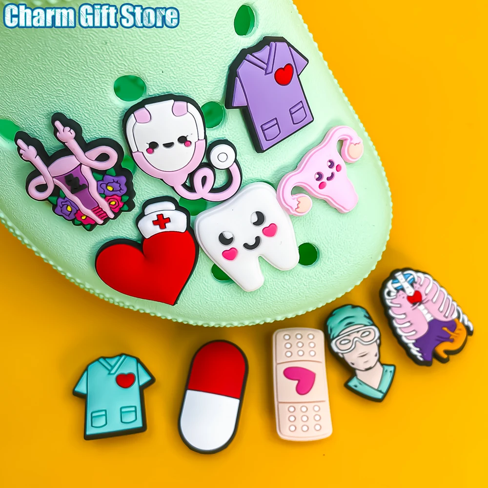 Color: Silver - 1pcs Medical Clog Accessories Stethoscope Syringe Gibit Shoe Charm Clog Pins Teeth Uterus Nurse Clips Jeans Girl Women Gift
