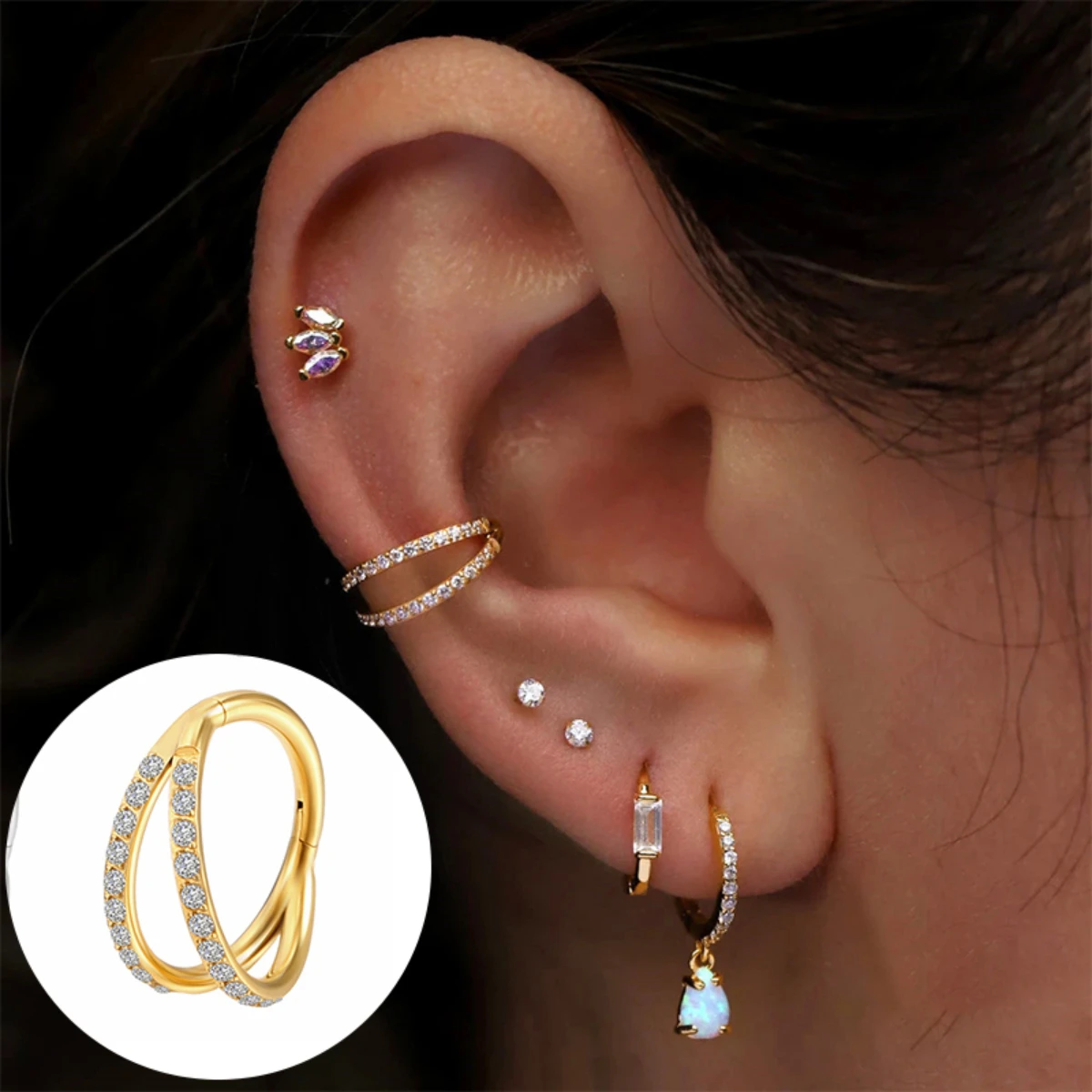 Metal color: SILVER PLATED, Main Stone Color: black - G23 Titanium Piercing Hinged Segment Hoops CZ Stone Nose Rings Ear Cartilage Tragus Helix Earrings Piercing Body Jewelry