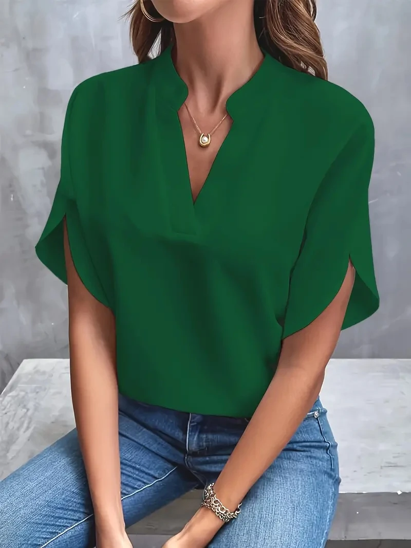 Color: green, Size: L - Women Elegant Solid Chiffon Blouse Spring Summer Casual Long Sleeve V Neck Loose Shirt Office Lady Tunics Oversized Tops 2024