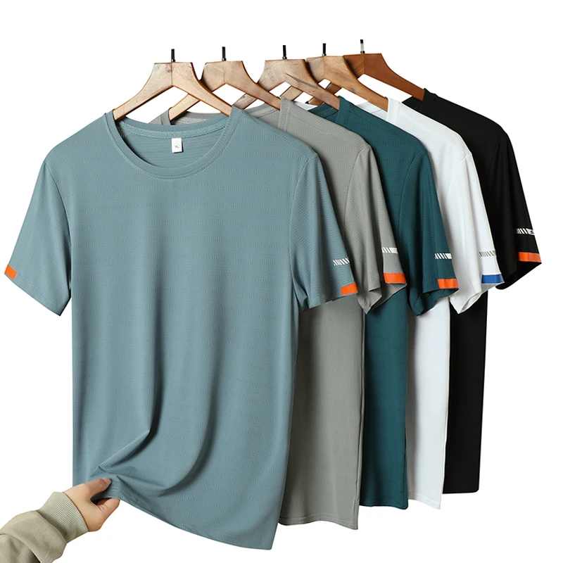 Color: Navy Blue, Size: 4XL - Men's Silk Ice Round Collar T-shirt, Simple Running Fitness Suit, Breathable Thin T-shirt, Quick Dry T-shirt, Summer