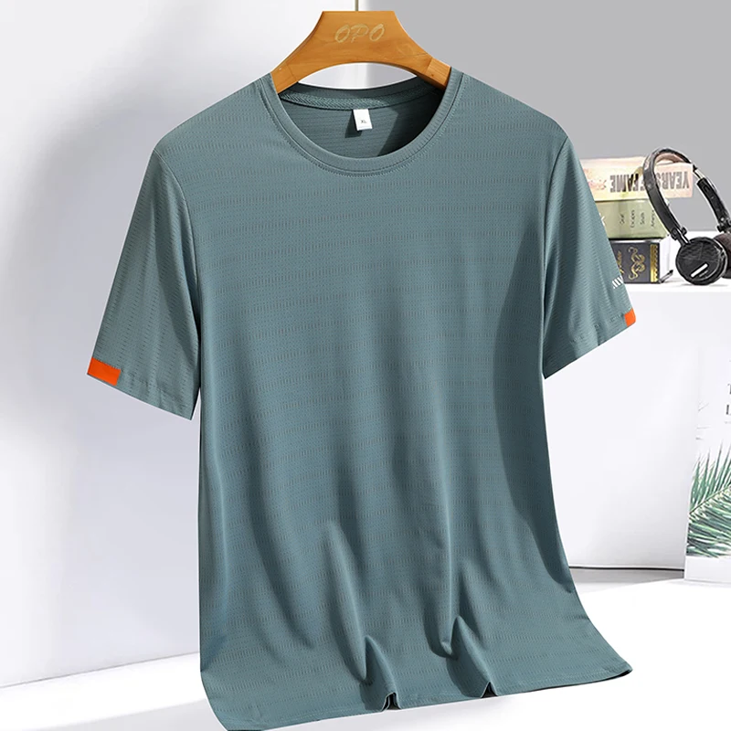 Color: Navy Blue, Size: 4XL - Men's Silk Ice Round Collar T-shirt, Simple Running Fitness Suit, Breathable Thin T-shirt, Quick Dry T-shirt, Summer