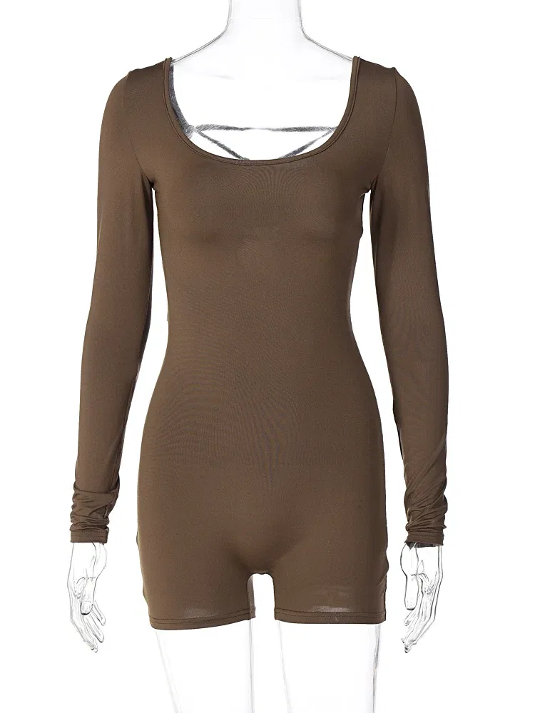 Color: black, Size: XXS - Hugcitar Long Sleeves Backless Solid Lace Up Sexy Slim Skinny Playsuit 2024 Fall Women Fashion Y2K Streetwear Party Club Rompe