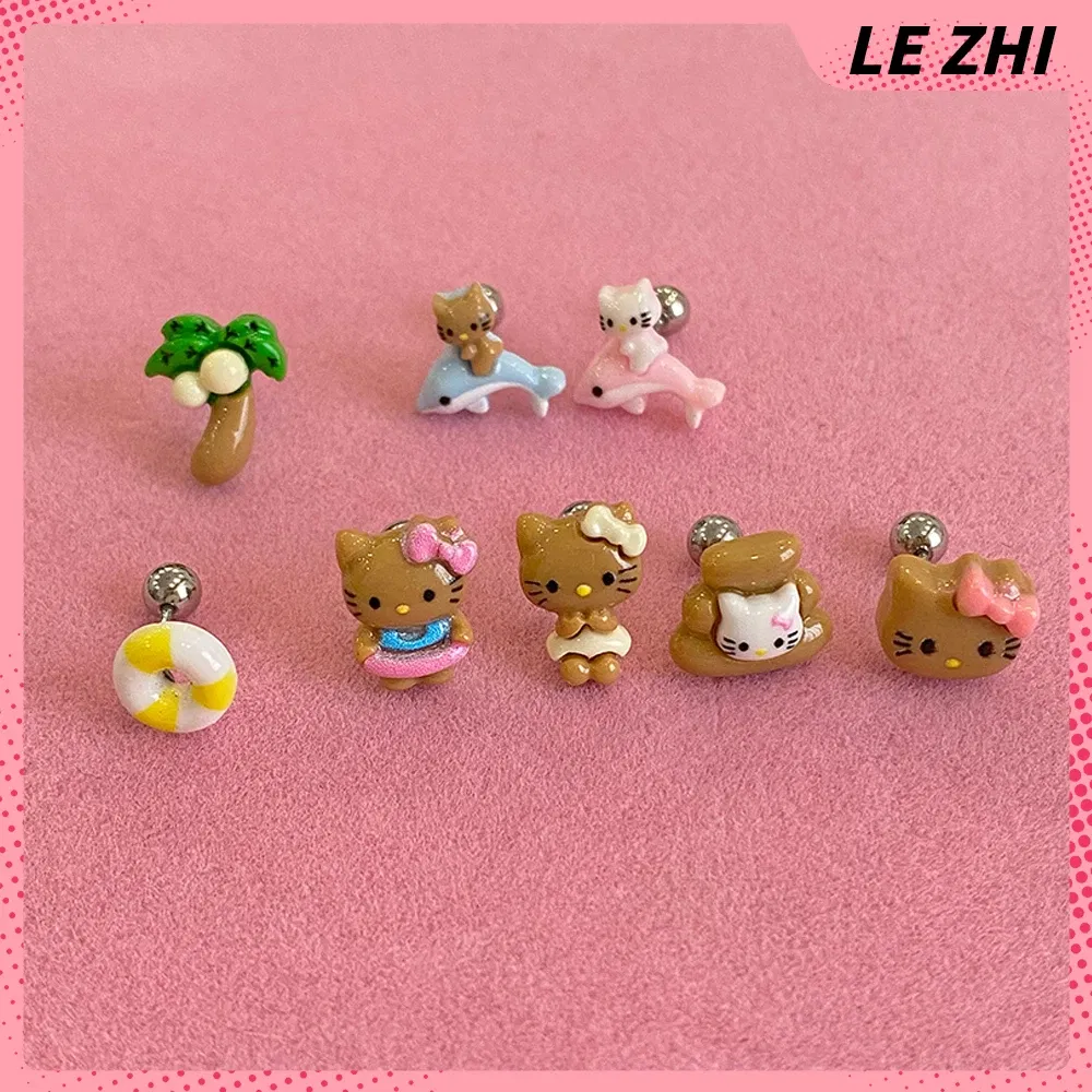 Color: light yellow, Size: L - Hawaii HelloKitty Cute Ear Stud Coconut Palm Earrings Anime Accessories Maiden Heart Girls Birthday Present Fashion Jewelry Gift