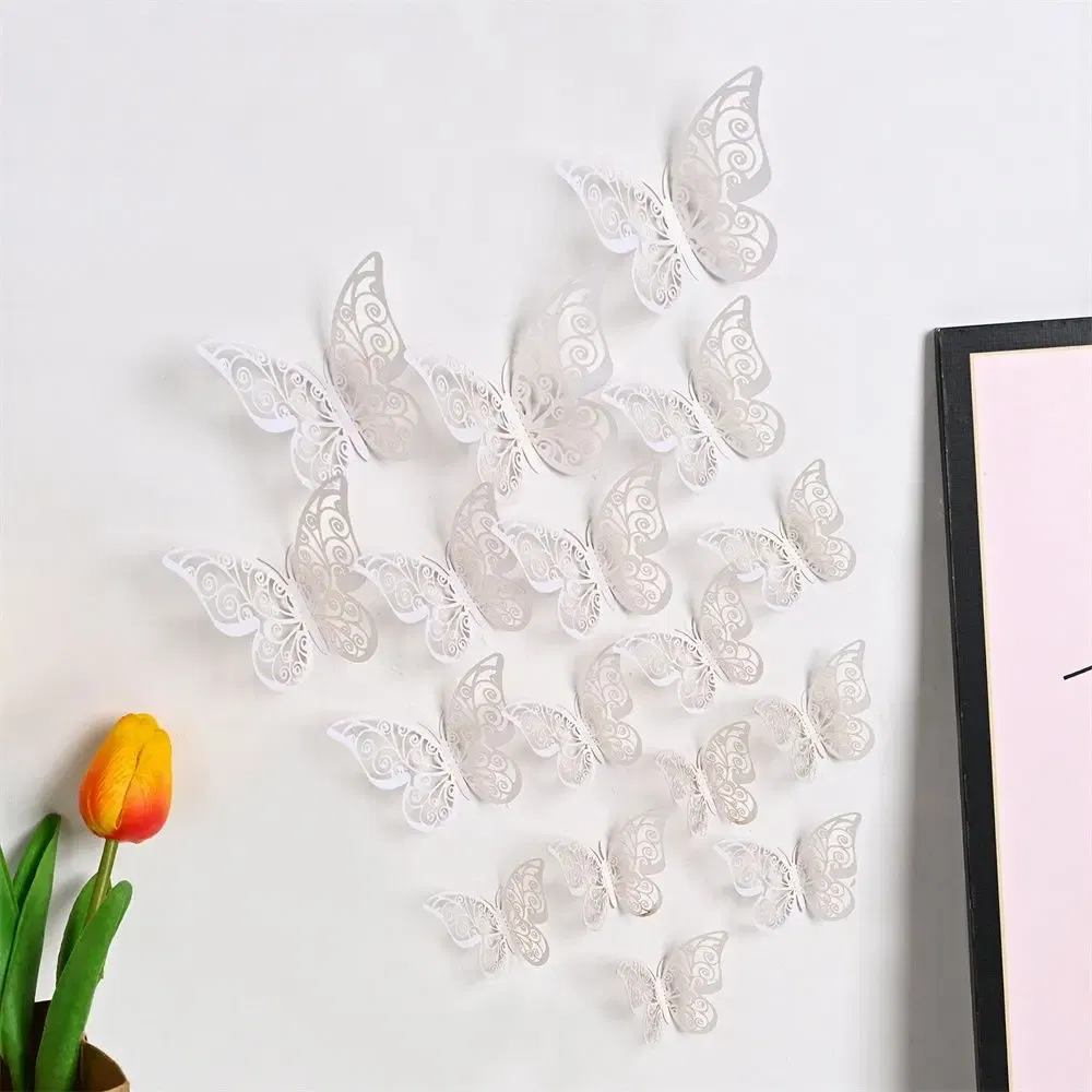 Color: DEEP BLUE - 12 Pieces 3D Hollow Butterfly Wall Sticker Bedroom Living Room Home Decoration Paper Butterfly