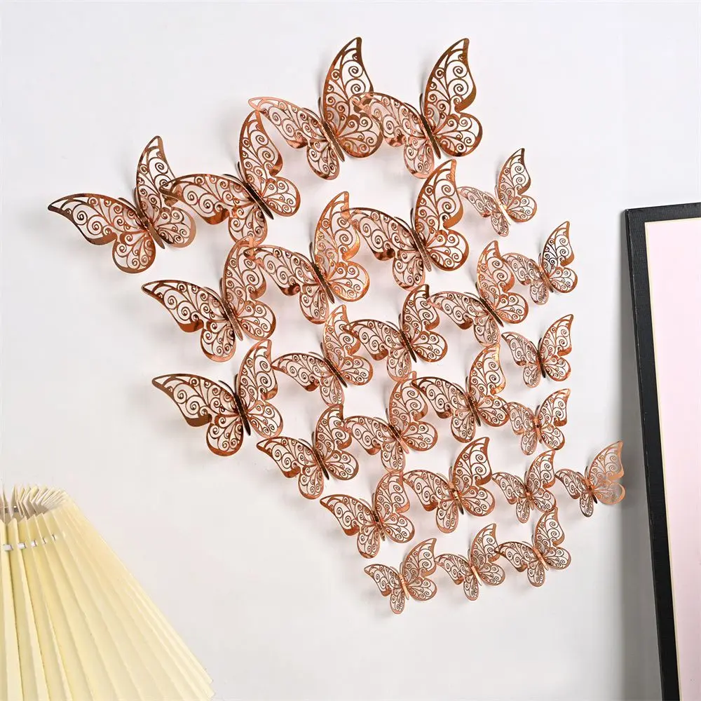Color: DEEP BLUE - 12 Pieces 3D Hollow Butterfly Wall Sticker Bedroom Living Room Home Decoration Paper Butterfly