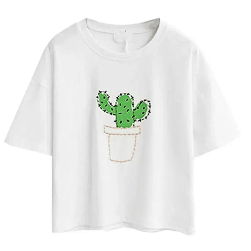 Color: WHITE, Size: M, Ships From: CHINA - 2021 Summer Cotton Short Sleeved Crop Top T-shirt Femme Embroidered Cat T Shirts Cartoon Women Fashion Cactus Top Tee T Shirt