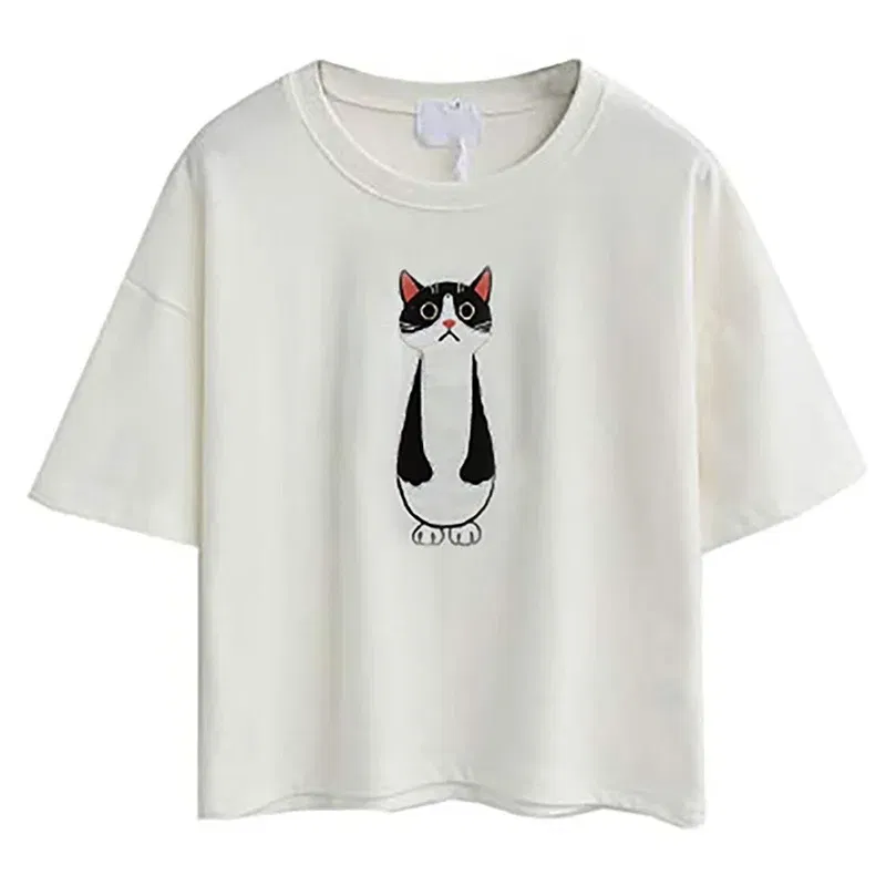 Color: WHITE, Size: M, Ships From: CHINA - 2021 Summer Cotton Short Sleeved Crop Top T-shirt Femme Embroidered Cat T Shirts Cartoon Women Fashion Cactus Top Tee T Shirt