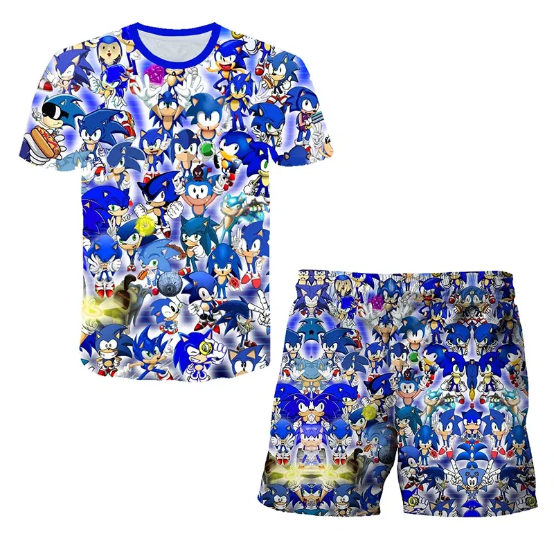 Color: Chocolate, Size: M - New Japanese cartoon Sonic T-shirt children's top T-shirt shorts two-piece set summer boy cartoon cute T-shirt+beach pants