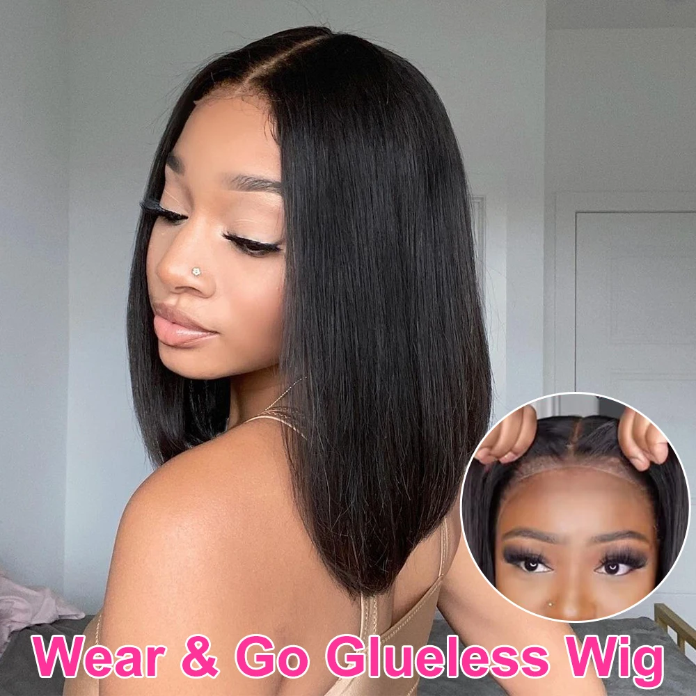 Hair Color: #1, Ships From: CHINA, Stretched Length: 12INCHES, Density: 180% - Wear And Go Glueless Bob Wig Human Hair 7x5 HD Lace Closure Human Hair Pre Plucked  No Glue Pre Cut Ready To Wear Frontal Wig