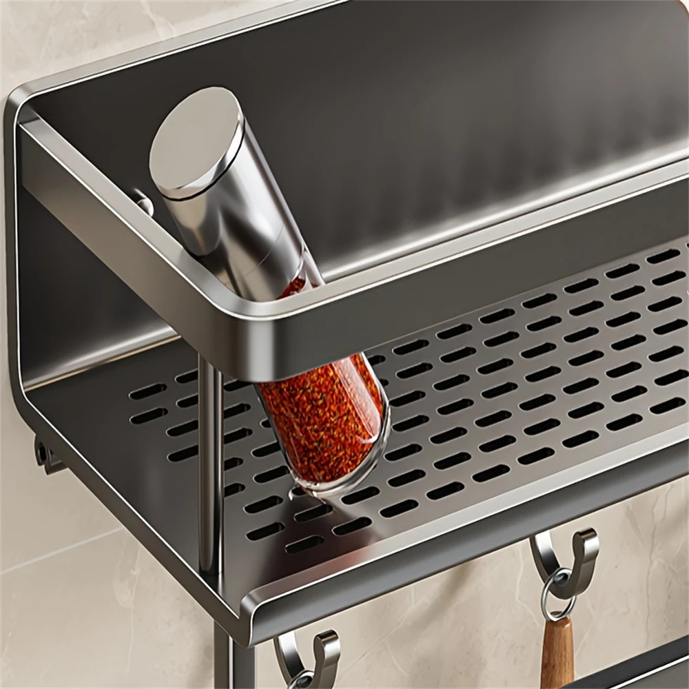 Color: Burgundy - Multifunctional Kitchen and Bath Tray Wall-Mounted Aluminum Storage Rack Seasoning Bottle Storage Shelf Kitchen Storage Hooks