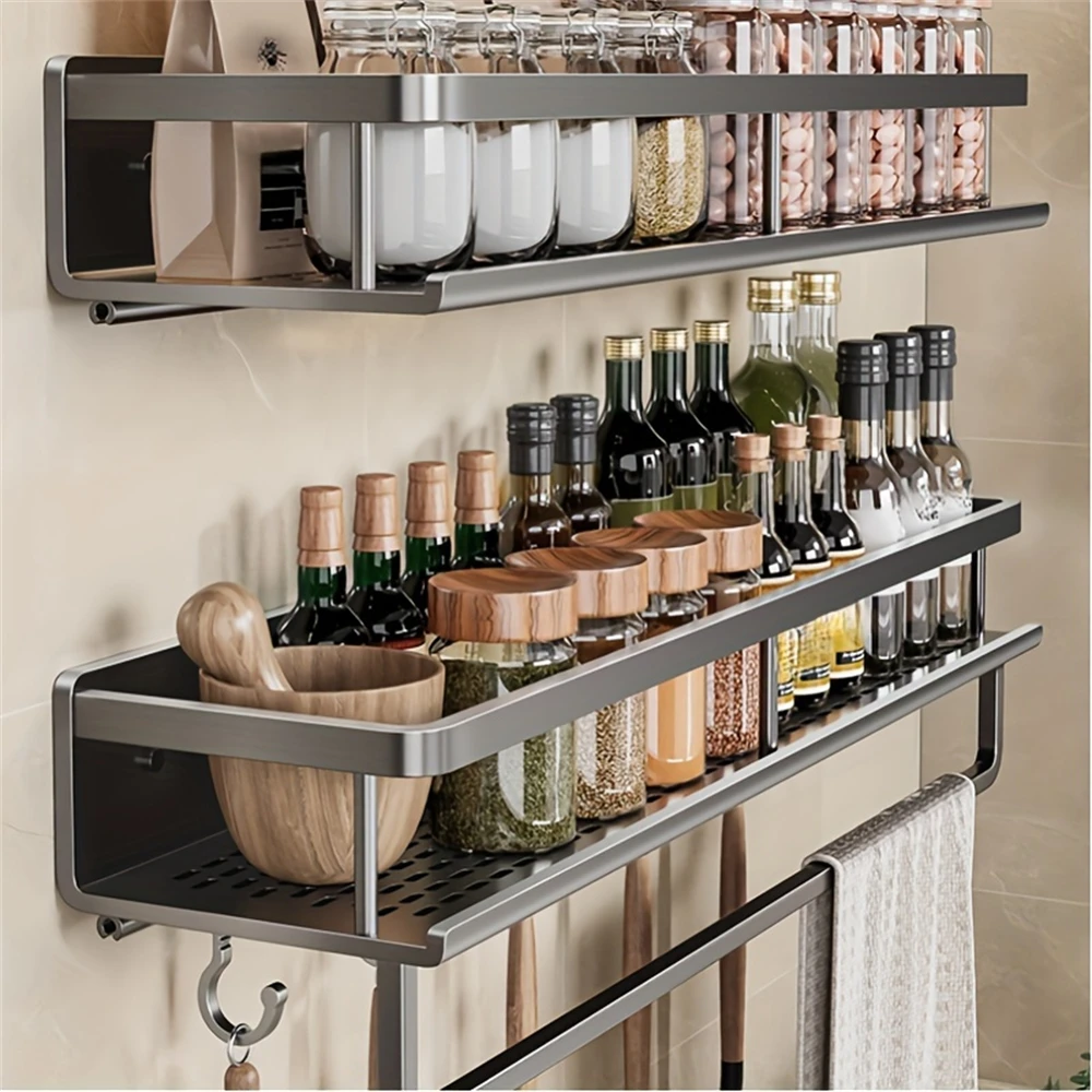 Color: Burgundy - Multifunctional Kitchen and Bath Tray Wall-Mounted Aluminum Storage Rack Seasoning Bottle Storage Shelf Kitchen Storage Hooks