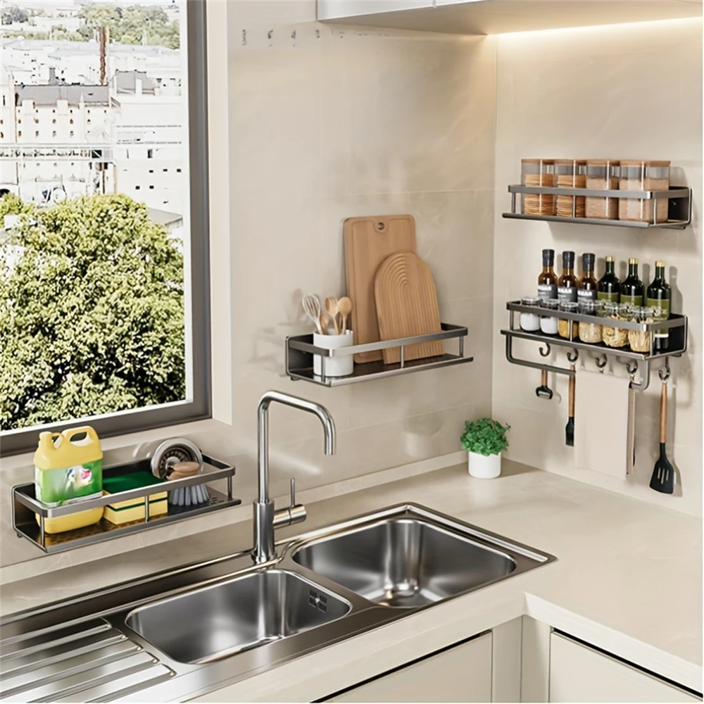 Color: Burgundy - Multifunctional Kitchen and Bath Tray Wall-Mounted Aluminum Storage Rack Seasoning Bottle Storage Shelf Kitchen Storage Hooks