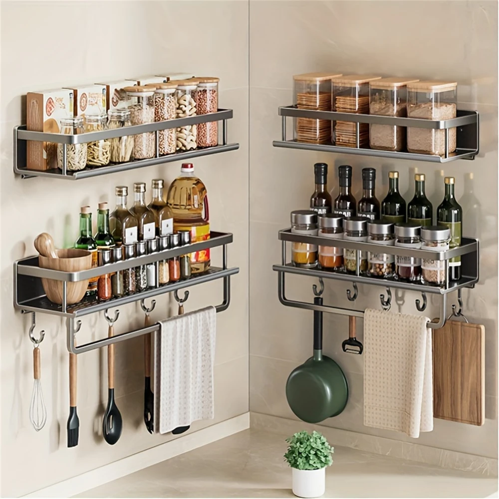 Color: Burgundy - Multifunctional Kitchen and Bath Tray Wall-Mounted Aluminum Storage Rack Seasoning Bottle Storage Shelf Kitchen Storage Hooks