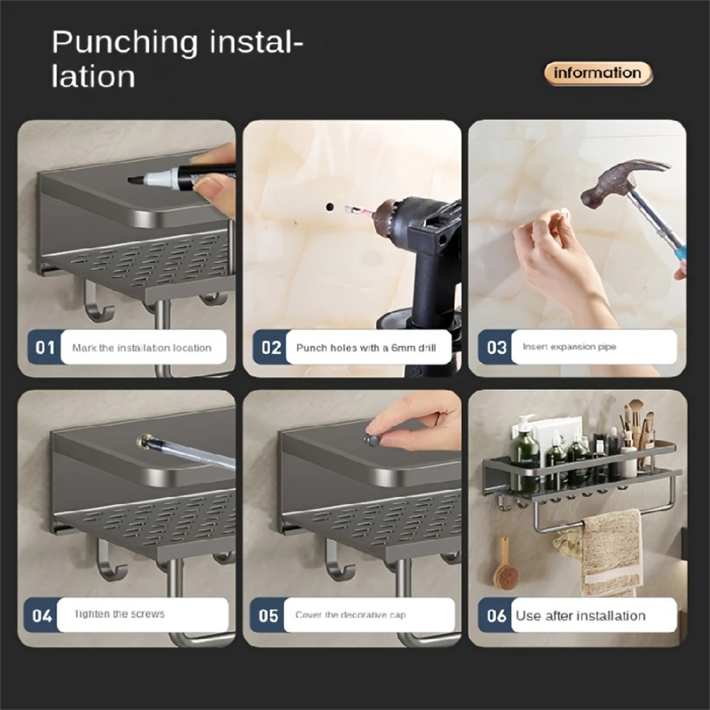 Color: Burgundy - Multifunctional Kitchen and Bath Tray Wall-Mounted Aluminum Storage Rack Seasoning Bottle Storage Shelf Kitchen Storage Hooks
