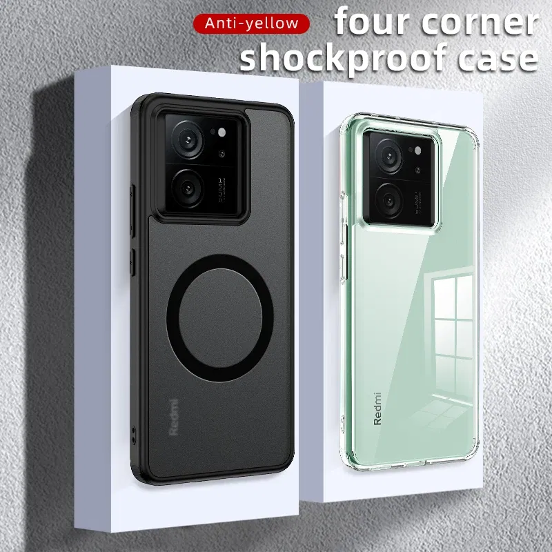 Color: Clear, Material: aluminum - Matte & Clear Magnetic Wireless Charging Armor Magsafe Case For Xiaomi 14 13T Mi 13T 14 Mi13T Pro Military Shockproof Back Cover