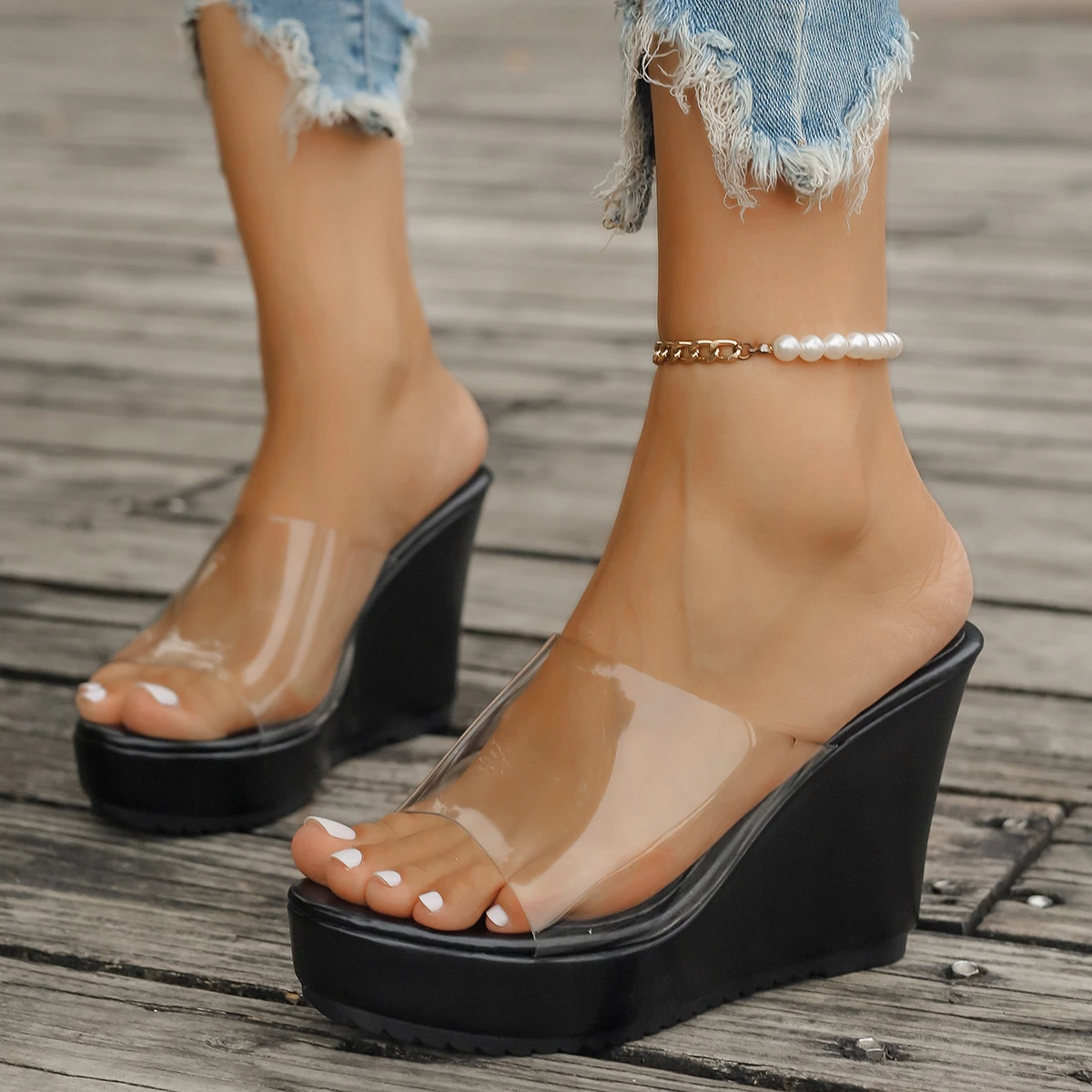 Color: WHITE, Shoe Size: 41 - 2024 Women Sandals New Casual Heels Woman Transparent Platform Wedges Non-slip Shoes Ladies Summer High Heel Large Size 35~43