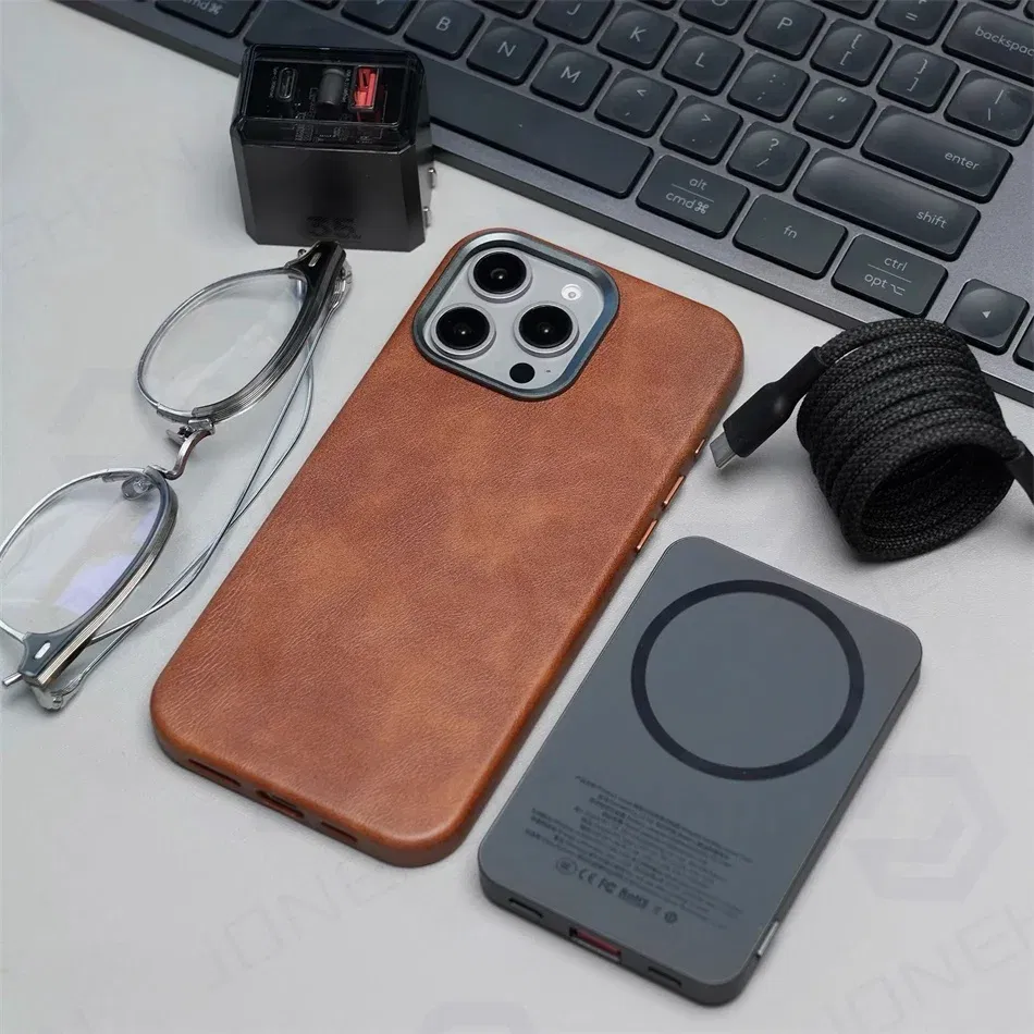 Color: GRAY, Material: POLYESTER - High-end Retro Oil Wax Pattern Magnetic For Magsafe Leather Case For iPhone Air 15 14 Plus 13 16 17 Pro Max Camera Button Cover