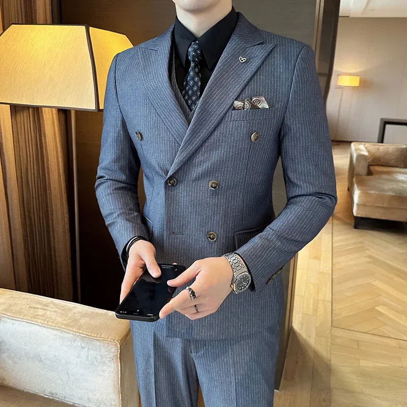 Color: Blue, Size: 5XL - 2025 Men's Double Breasted 3/2 Piece Business Casual Wedding Dress Suit with  Trousers Regular Fit Bridegroom High Sense