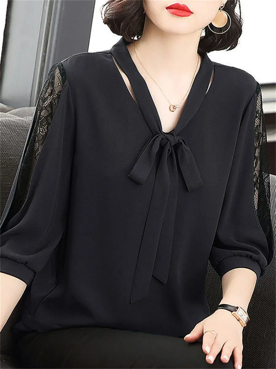 Color: black, Size: XXL - Women Spring Summer Style Blouses Tops Lady Casual Bow Tie Colloar Half Lace Sleeve Loose Blusas Tops DF4275
