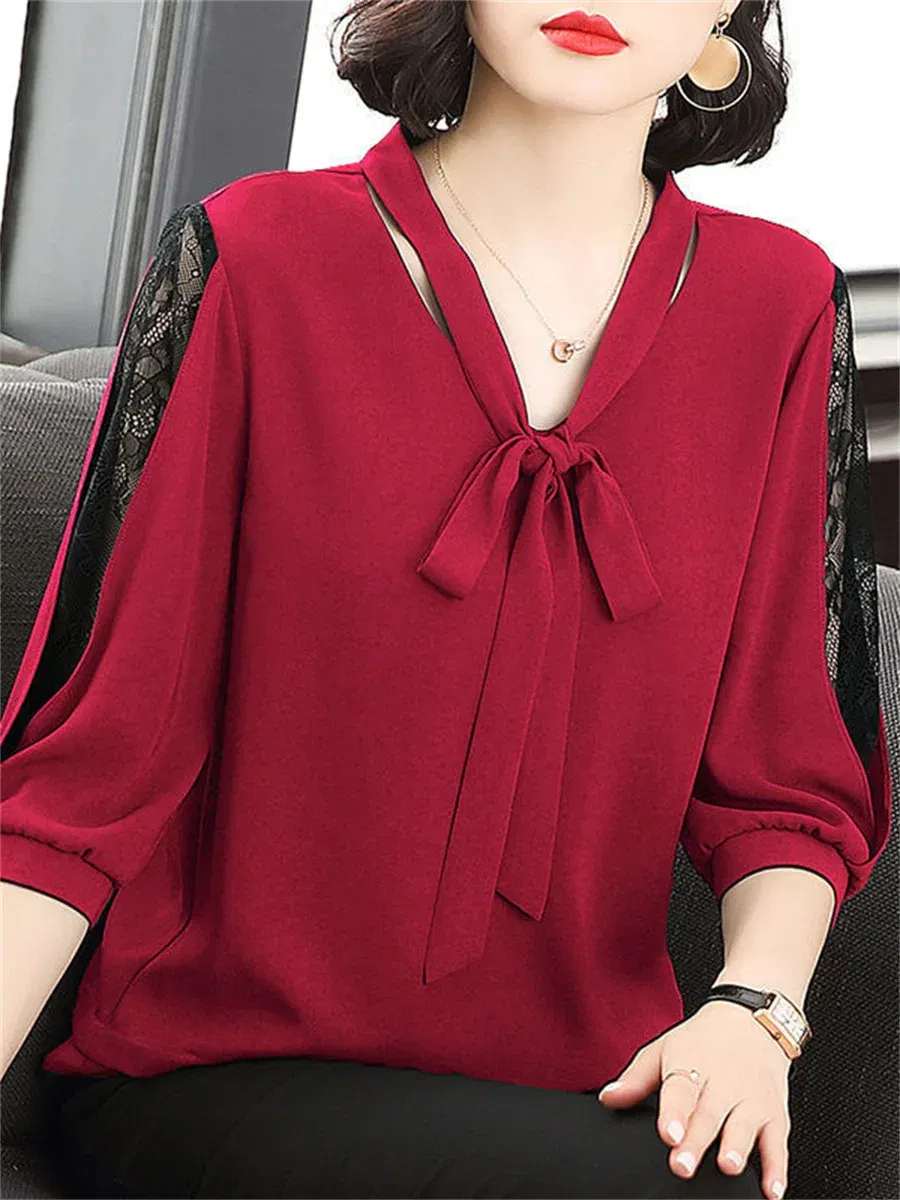 Color: black, Size: XXL - Women Spring Summer Style Blouses Tops Lady Casual Bow Tie Colloar Half Lace Sleeve Loose Blusas Tops DF4275