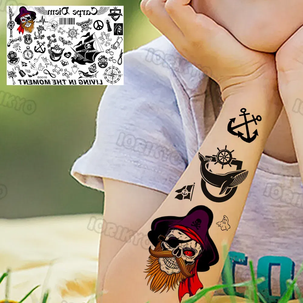Color: CHERRY - Anchor Pirate Temporary Tattoos For Kids Toddler Boy Adult Men Women Black Whale Tattoo Sticker Fake Transfer Small Tatto Face