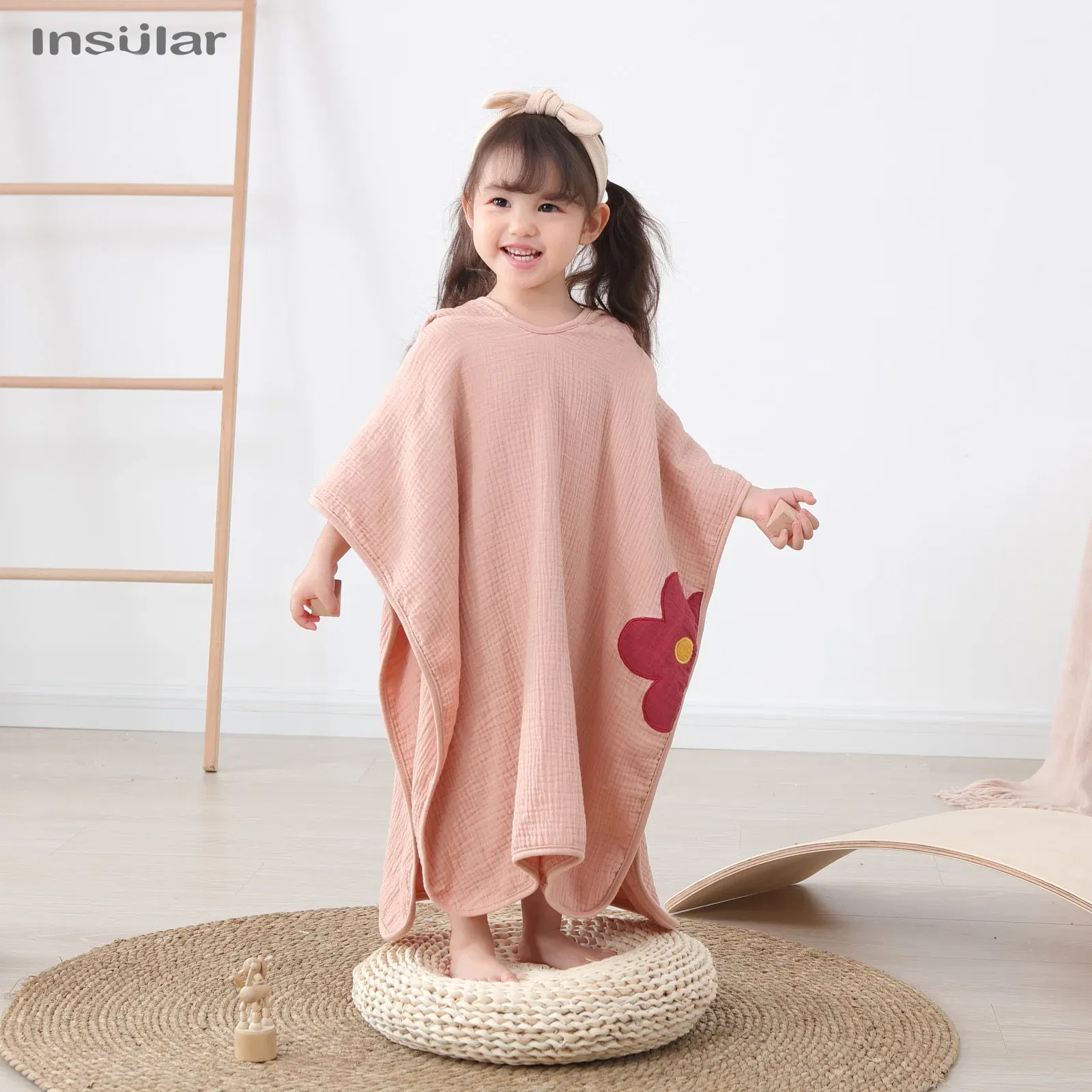 Color: Red - Muslin Baby Hooded Poncho Towel Children's Hooded Bath Towel Soft Kids Beach Bathing Stuff Infant Washcloth