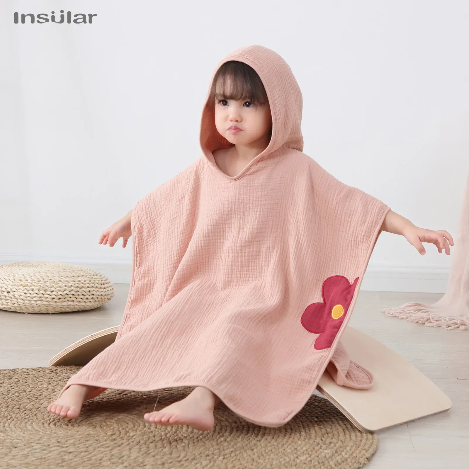 Color: Red - Muslin Baby Hooded Poncho Towel Children's Hooded Bath Towel Soft Kids Beach Bathing Stuff Infant Washcloth