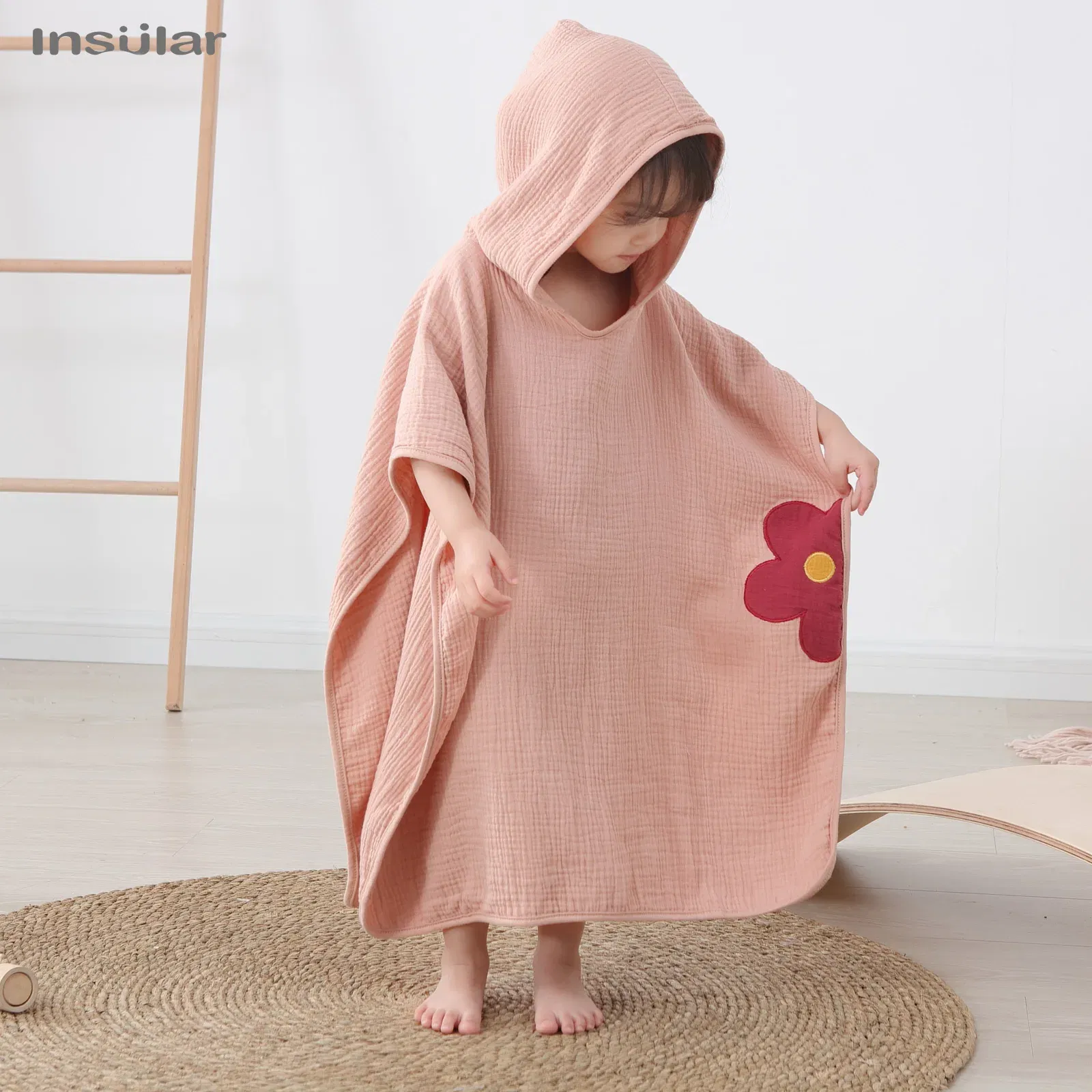 Color: Red - Muslin Baby Hooded Poncho Towel Children's Hooded Bath Towel Soft Kids Beach Bathing Stuff Infant Washcloth