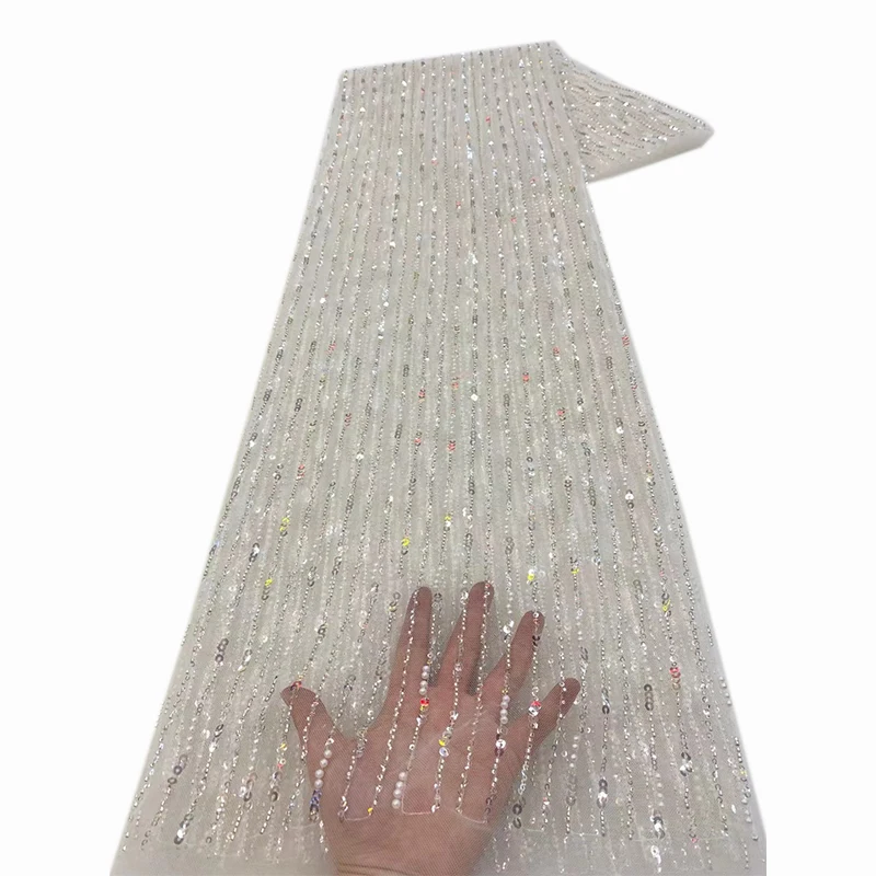 Color: pink, Length: 5 yards, Width: 120cm - African Lace Fabric 2025 Sequins Beaded Embroidery Groom Nigerian Bridal High Quality French Tulle Lace Fabric For Wedding