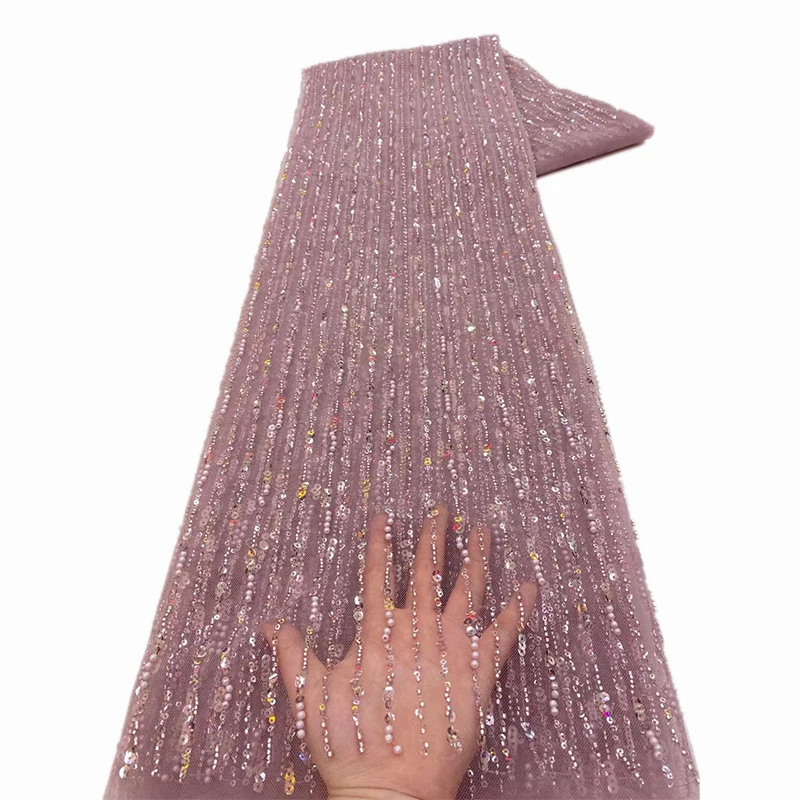 Color: pink, Length: 5 yards, Width: 120cm - African Lace Fabric 2025 Sequins Beaded Embroidery Groom Nigerian Bridal High Quality French Tulle Lace Fabric For Wedding