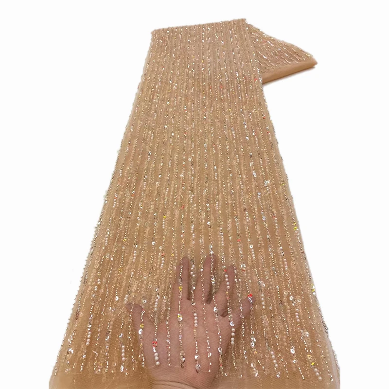 Color: pink, Length: 5 yards, Width: 120cm - African Lace Fabric 2025 Sequins Beaded Embroidery Groom Nigerian Bridal High Quality French Tulle Lace Fabric For Wedding