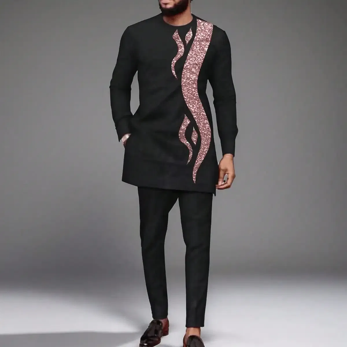 Color: army green, Size: M - New Men's Tenos Wedding 2-Piece Suit Waist Pants Shirt Solid Color Panel Long Sleeve Party African Ethnic Style Clothing (M-4XL)