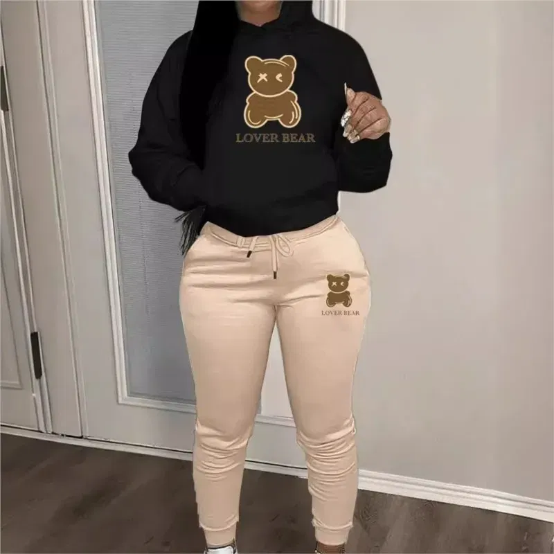 Color: Light Yellow, Size: XXXL - 2 Piece Set Women Outfit Letter Bear Print Hooded Neck Hoodies Sweatshirt Pants Tracksuit 2024 Plus Size Streetwear Casual Suit