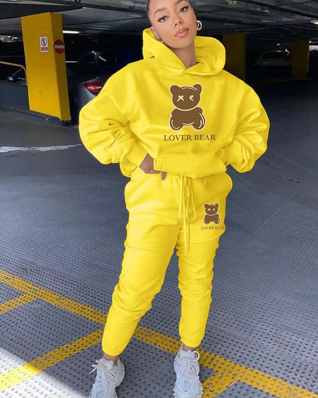 Color: Light Yellow, Size: XXXL - 2 Piece Set Women Outfit Letter Bear Print Hooded Neck Hoodies Sweatshirt Pants Tracksuit 2024 Plus Size Streetwear Casual Suit